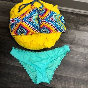 Tie dye denim Bikini top with aqua rushed bottoms